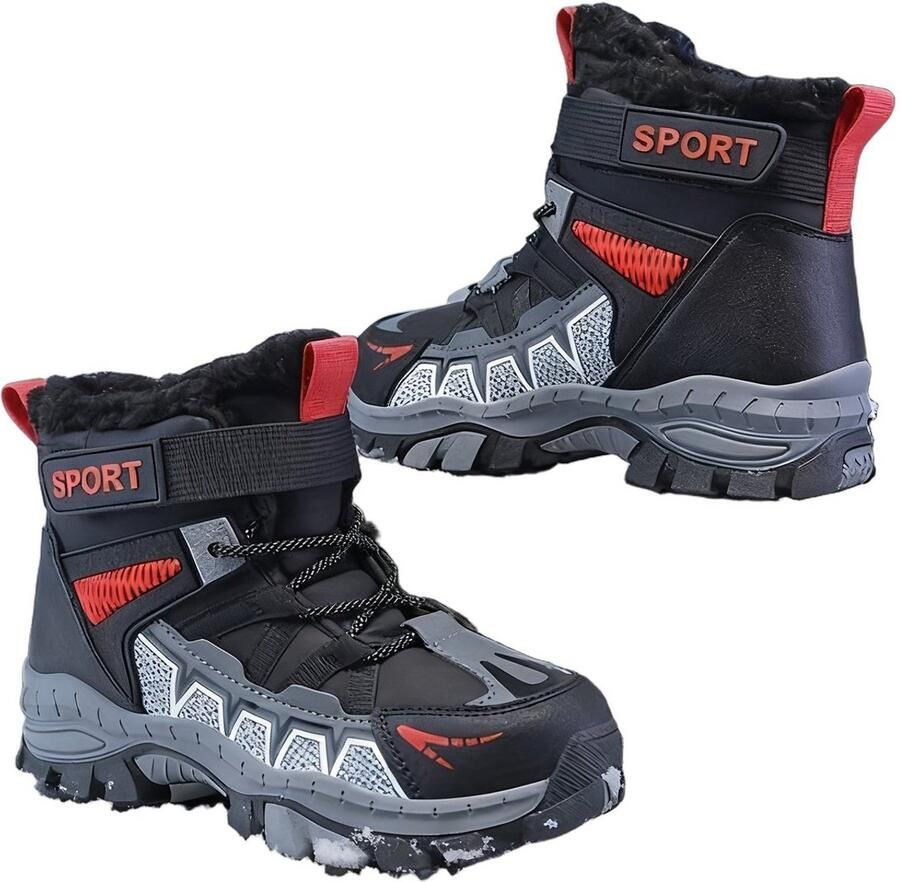 Currero Snowboots Jongens Sneeuwlaarzen Kinderen Winterlaarzen Jongens Gevoerde Winterschoenen Waterdicht Antislip Zool Warm Gevoerd Kinderlaarzen Zwart & Rood