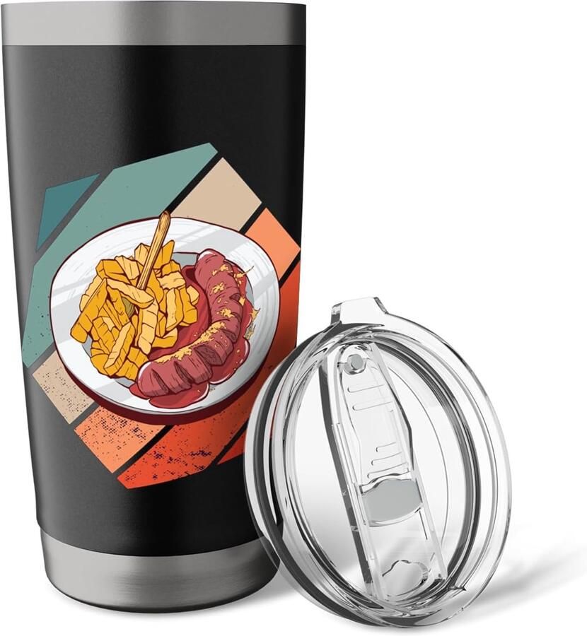 Curryworst en friet met saus in dubbelwandige thermosbeker