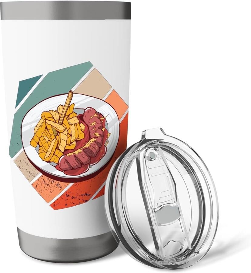 Curryworst en friet met saus in dubbelwandige thermosbeker