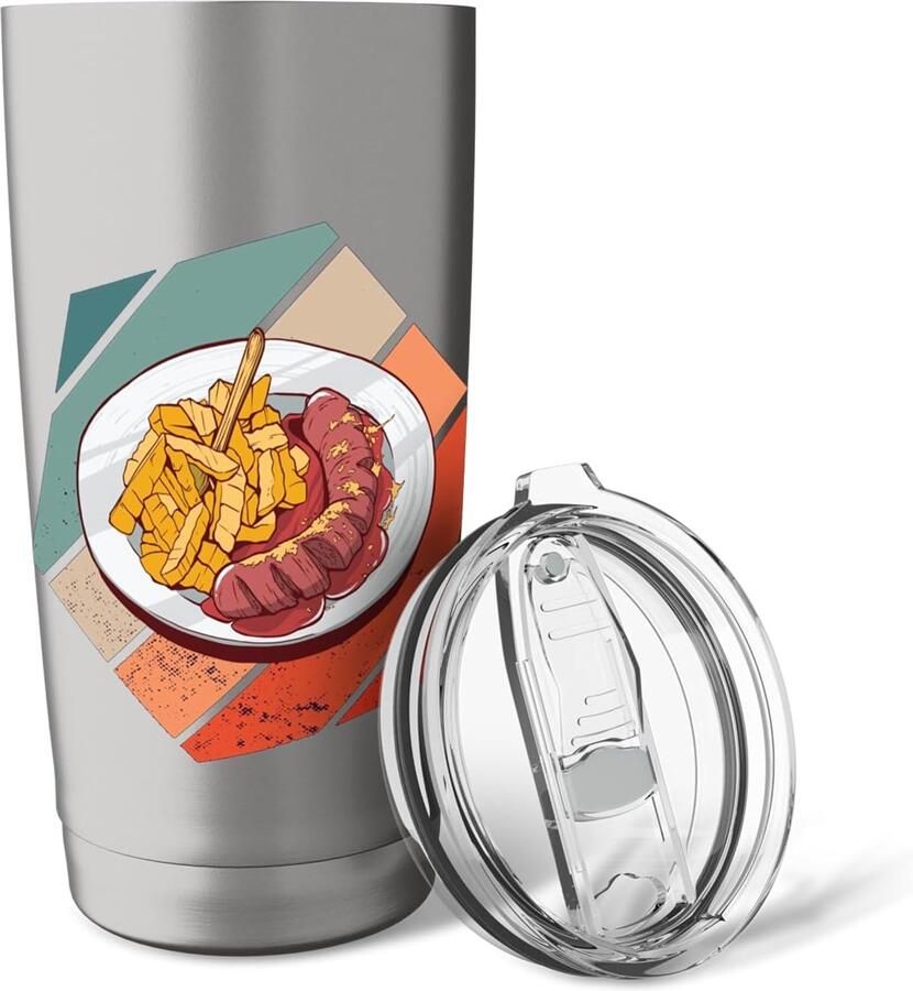 Curryworst en friet met saus in dubbelwandige thermosbeker