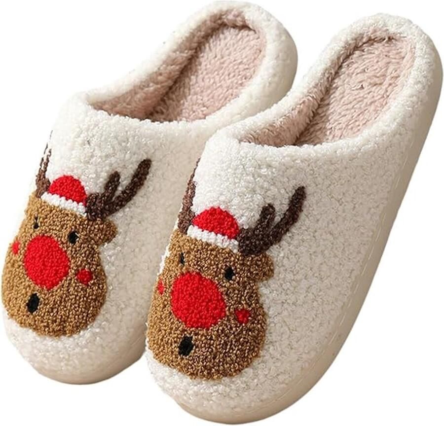 Dames katoenen slippers Pluche winterslippers Loungeslippers met rendierprint Pluche loungeslippers Ideaal wintercadeau voor dames (vallen klein geschikt voor ) - Foto 1