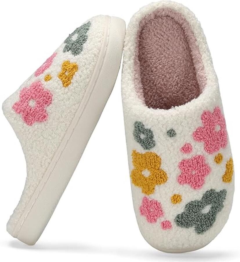 Dames katoenen slippers Pluche winterslippers Slippers met bloemenprint Pluche slippers Ideaal wintercadeau voor vrouwen Wit (valt klein geschikt voor ) - Foto 1