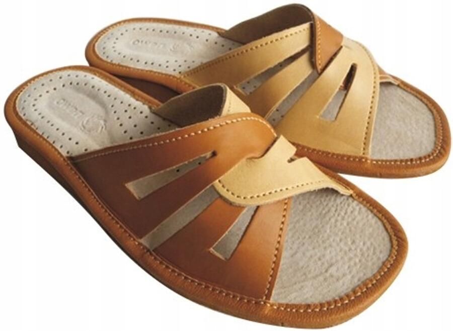 Dames pantoffels open voorkant leer beige bruin