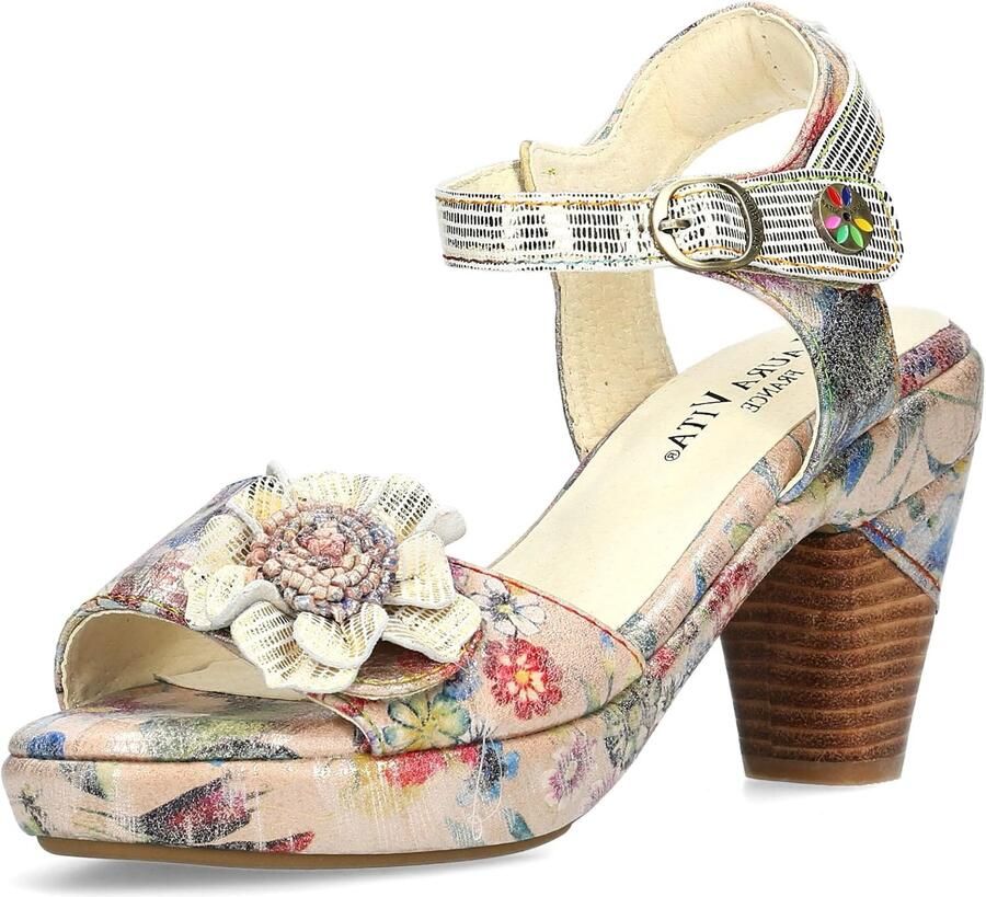 Dames Sandalen met Bloemgesp en Klittenband Beige