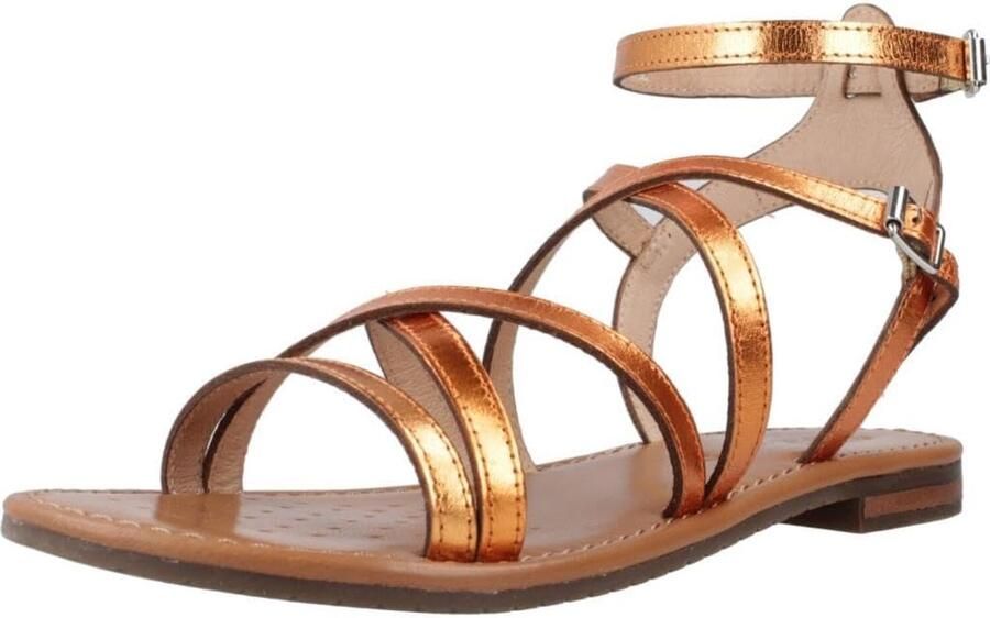 Dames Sandalen Oranje Leer Platte Hak Gesp