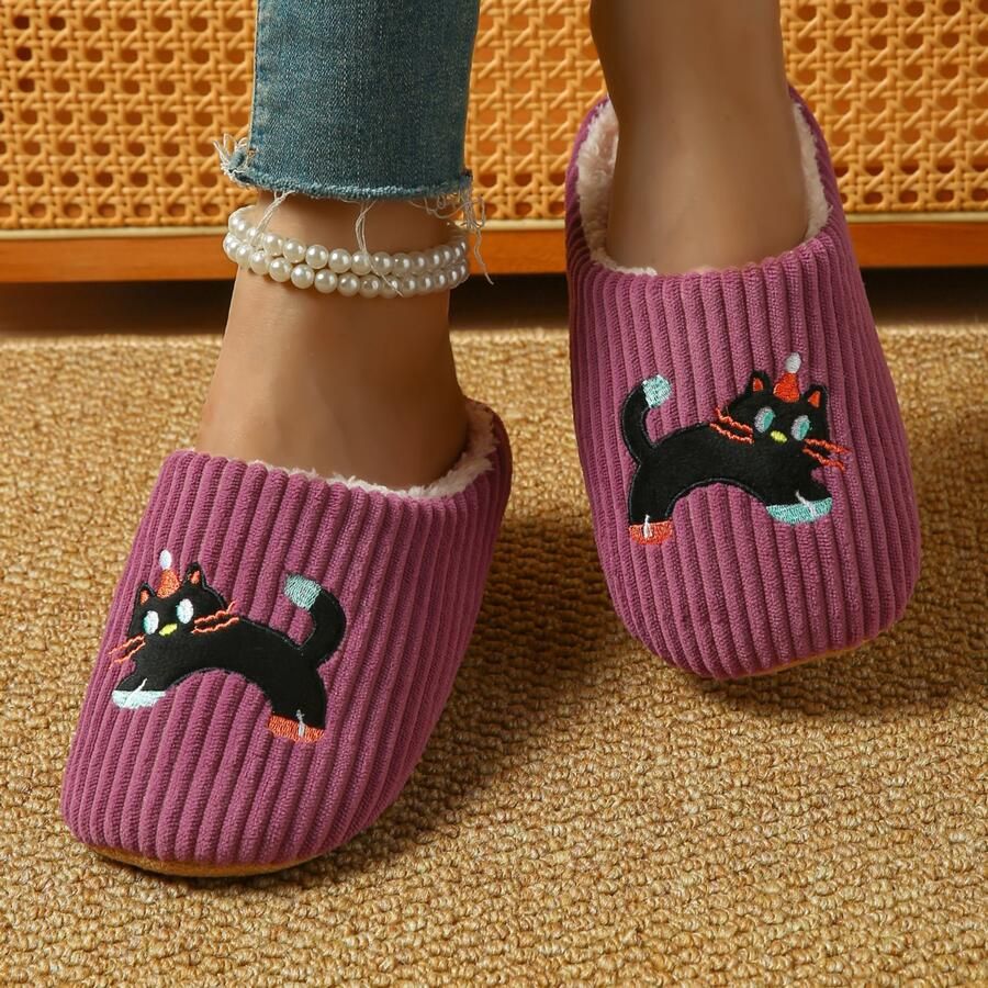 Damesslippers van traagschuim comfortabele en warme binnenslippers zacht en lichtgewicht geschikt voor de late herfst en vroege winter Gestreepte kat paars