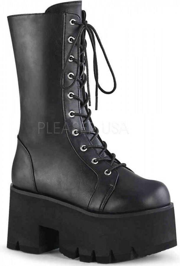 DemoniaCult ASHES-105 = ) 3 1 2 Chunky Heel 2 1 4 PF Lace-Up Mid-Calf BT Side Zip