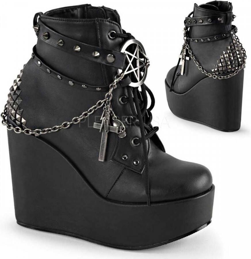 Demonia Poison-101 Ankle wedge boots with chain and charms black matt