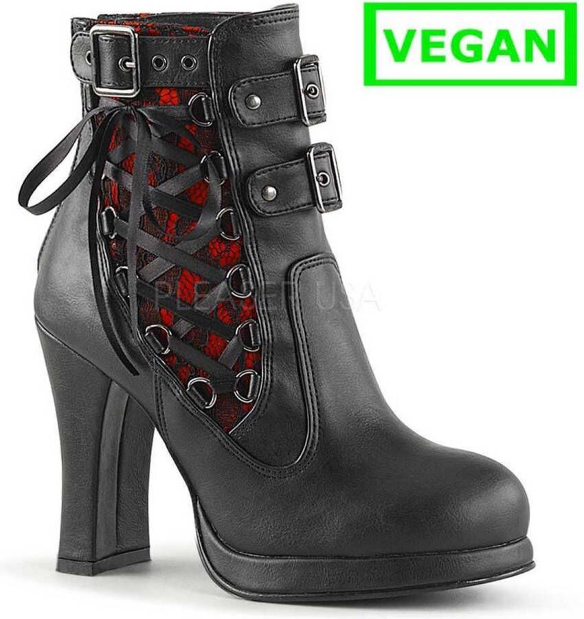 Demonia Crypto-51 ankle boot with corset detail and buckles black red vegan leather