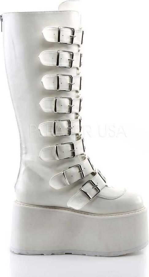 DemoniaCult Damned-318 plateau knie hoge laars met gespen en metalen details wit Demonia