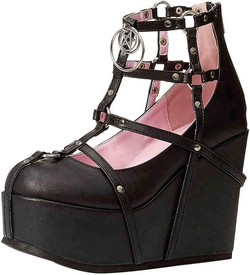 Demonia Poison-25-1 nep leren plateau sandaal enkellaars met sleehak bandjes en metalen pentagram detail zwart