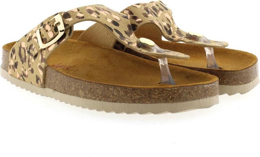 Develab 48202 leren teenslippers met panterprint beige goud - Foto 5