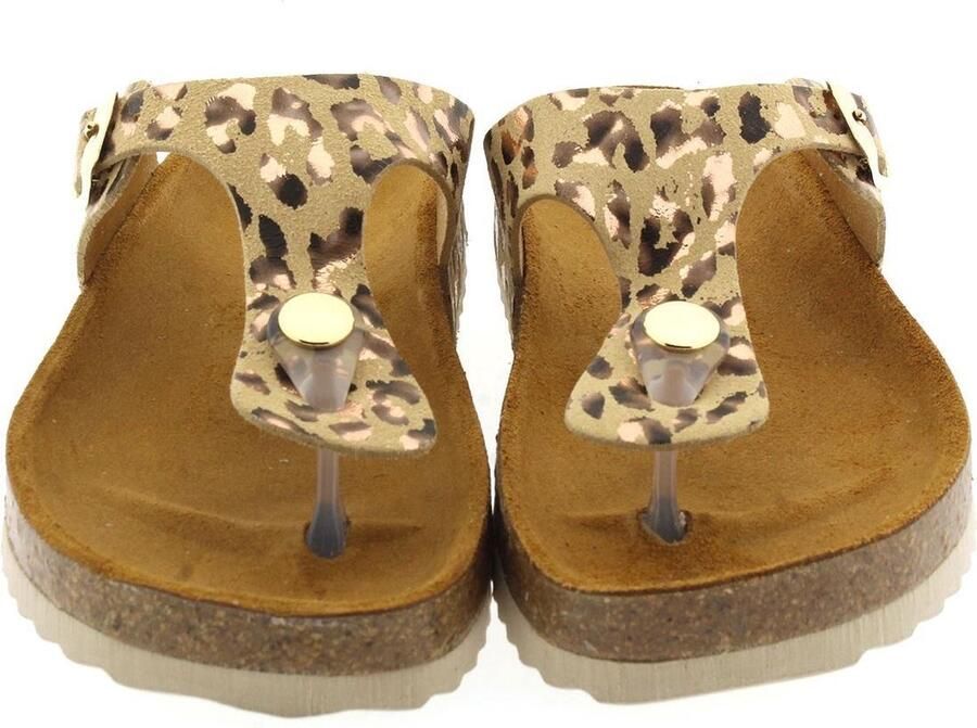 Develab 48202 leren teenslippers met panterprint beige goud - Foto 4