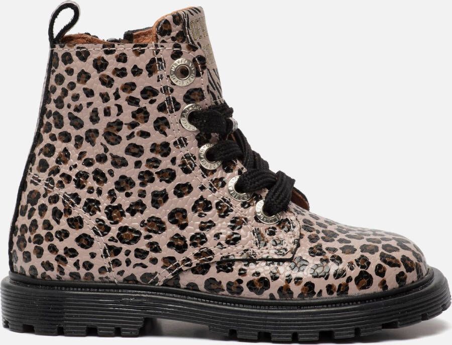 Develab 42102 lakleren veterboots met panterprint oudroze