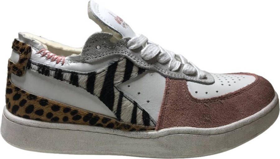 Diadora Heritage Mi Basket Row Cut Savannah Wn lederen veter sneakers wit roze zebra leopard