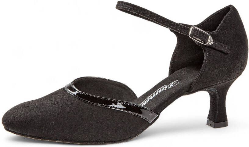 Diamant Comfortabele dames dansschoenen 049 106 Gesloten voorkant Hoogwaardig zwart suede Glanzend lakleer accent Drukknopsluiting Flexibele suède zool Flared hak Ballroom Tango Social Zwart