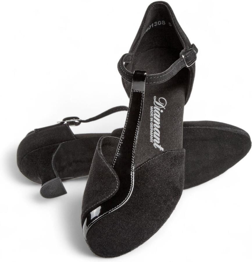 Diamant 068 069 008 Dames dansschoenen Brede Pasvorm Gesloten voorkant Zwart Suède Lakleer Hak Tstrap Flexibele suede zool Voor bredere voeten Gesp met druksluiting Ballroom Tango Social Zwart