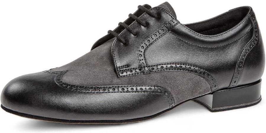 Diamant 099 025 376 Brede Heren Dansschoenen Zwart Leer met Grijs Suède hak Schuimrand voor extra steun Stijlvolle en comfortabele herenschoen Zwarte suède zool Ballroom Tango Stijldansen Zwart Grijs