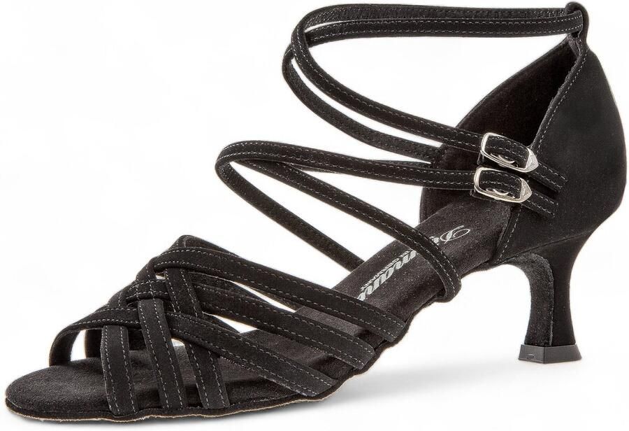 Diamant 108 064 040 Latin open dames dansschoenen Zwart synthetisch nubuck Dubbele enkelbandjes Druksluiting Uitlopende Latino hak Normale breedte (F) Zwarte suède zool Latin Salsa Kizomba Bachata Zwart