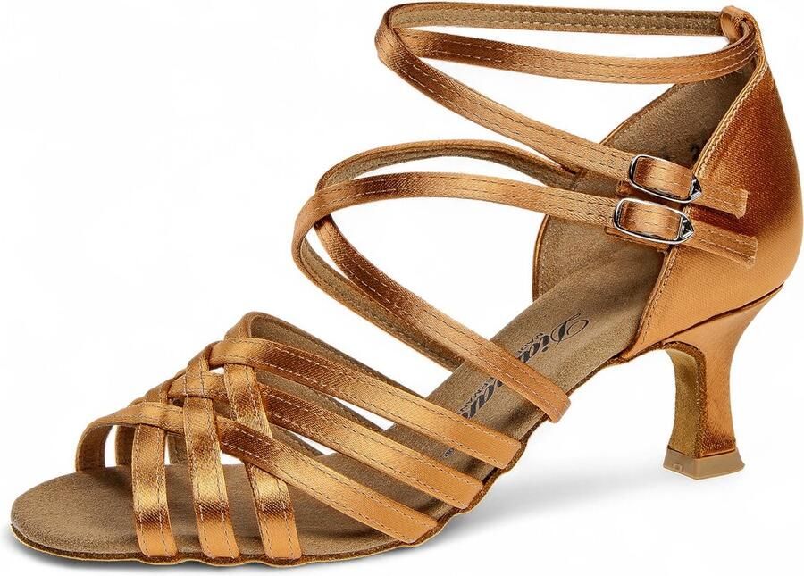 Diamant 108 077 379 Chique donkerbrons satijn uitlopende flared hak Flexibele suède zool Dubbele gespjes met druksluiting Zacht voetbed Schokabsorberende hiel Latin Salsa Kizomba Bachata Beige