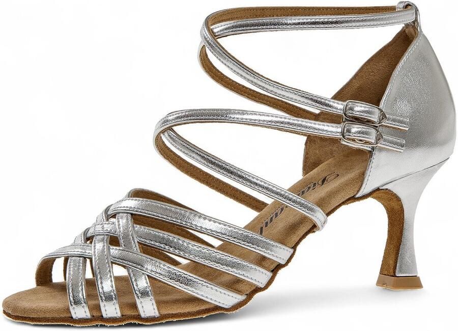 Diamant 108 087 013 Zilver Kunstleer Dubbele enkelbandjes Druksluiting Hoog draagcomfort Vochtabsorberend materiaal Flared hak Flexibele bruine suede zool Latin Salsa Kizomba Bachata Zilver