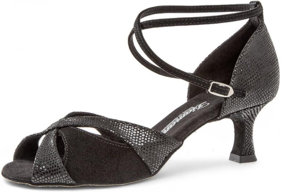 Diamant 141 077 084 Zwarte Dames Dansschoenen Suède slangenprint Flared Hak Flexibele suède zool Zacht hielkussen Druksluiting Luxe uitstraling Comfortabel voetbed Latin Salsa Kizomba Zwart