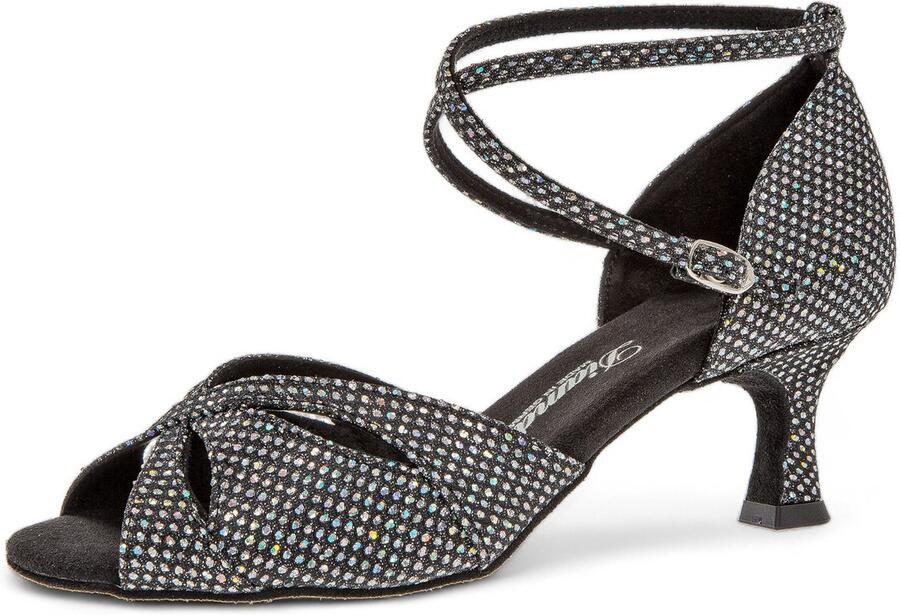 Diamant 141 077 183 Open latin dames Dansschoenen Hologramstof Flared Hak Suède zool Zachte ademende voetbed Verstelbare enkelbandje Druksluiting Schitterende glans Latin Salsa Bachata Zwart Zilver