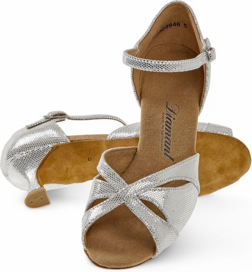 Diamant 144 077 246 Glamoureuze Dames Latin Dansschoen Zilver Suede Flared Hak Halfopen neus model Praktische druksluiting Suede zool Microfiber voetbed Tango Salsa Kizomba Bachata Zilver
