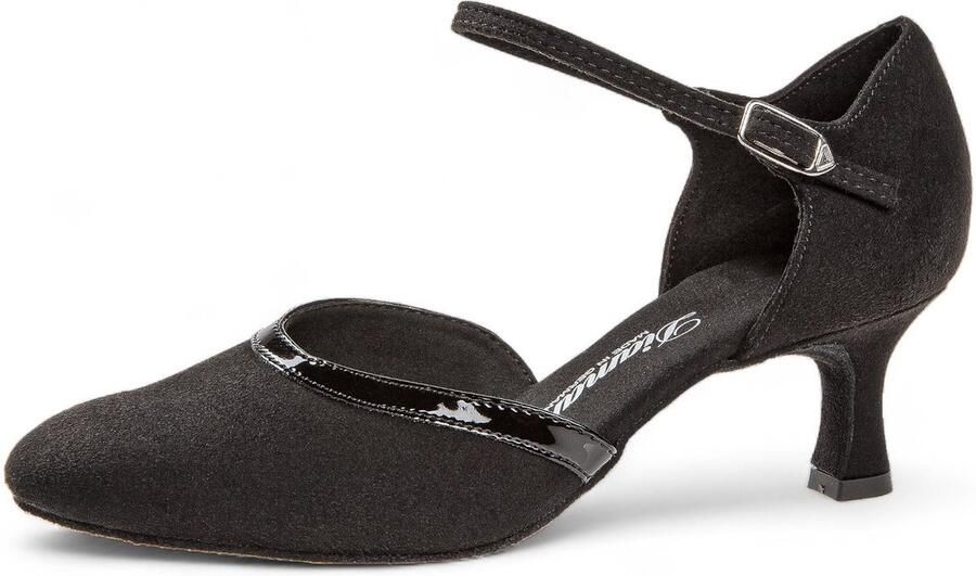 Diamant Comfortabele dames dansschoenen 049 106 Gesloten voorkant Hoogwaardig zwart suede Glanzend lakleer accent Drukknopsluiting Flexibele suède zool Flared hak Ballroom Tango Social Zwart