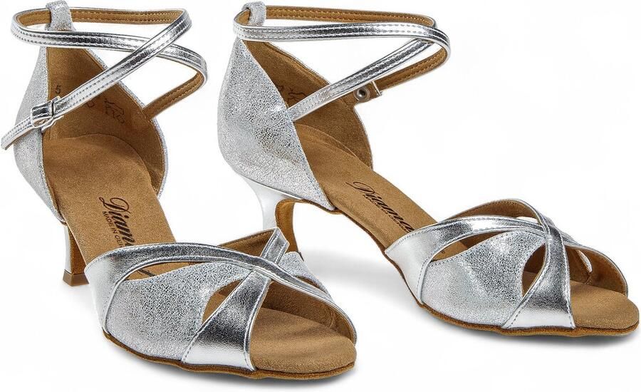 Diamant Dames Latin open Dansschoenen 141 077 463 Kunstleer Suede Lage stabiele hak Zachte voetbed Schokdemping Flexibele suede buitenzool Gesp met druksluiting Latin Salsa Kizomba Bachata Zilver