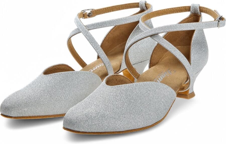 Diamant Gesloten danspump 170 013 002 Dames Dansschoen Zilveren Brokaatstof Spaanse Hak Comfort en elegantie Suede zool Gekruiste hielband Ballroom Tango en andere standaarddansen Zilver