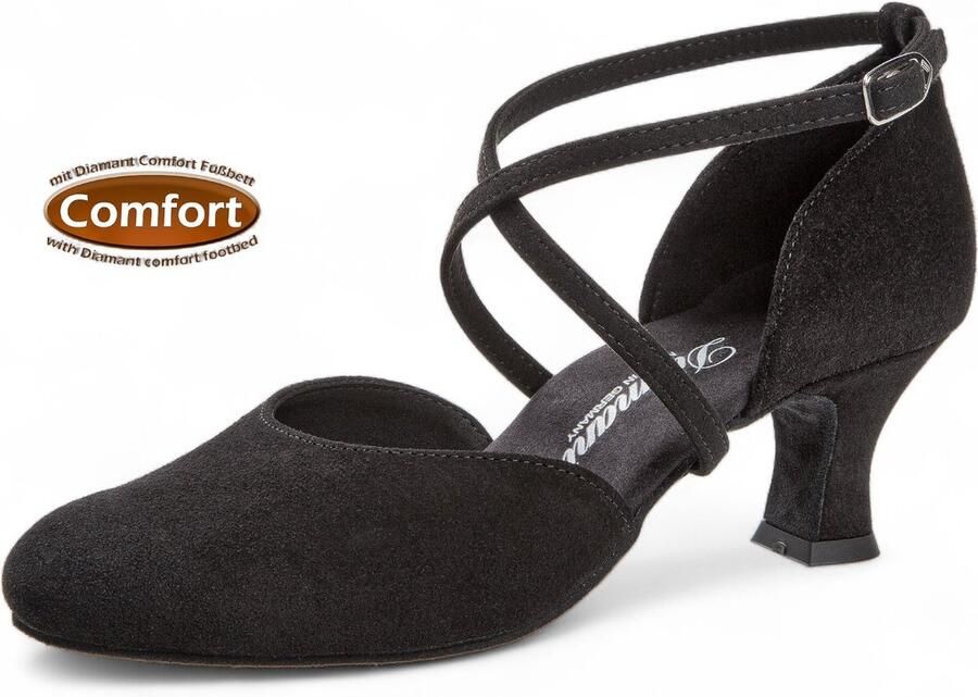 Diamant Gesloten voorkant dansschoenen 048 112 001 Comfort Extra Brede Pasvorm Zwart Suede Hak Extra demping Bredere voeten Hallux valgus Enkelbandjes met druksluiting Suede zool Zwart