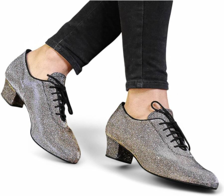 Diamant Glinsterende dames practice dansschoenen 093 034 509 A Lage stabiele hak Vetersluiting Zachte binnenzool Suede zool Comfortabele voetbed Stijldansen Latin Ballroom Zilver Goud Brokaat - Foto 1