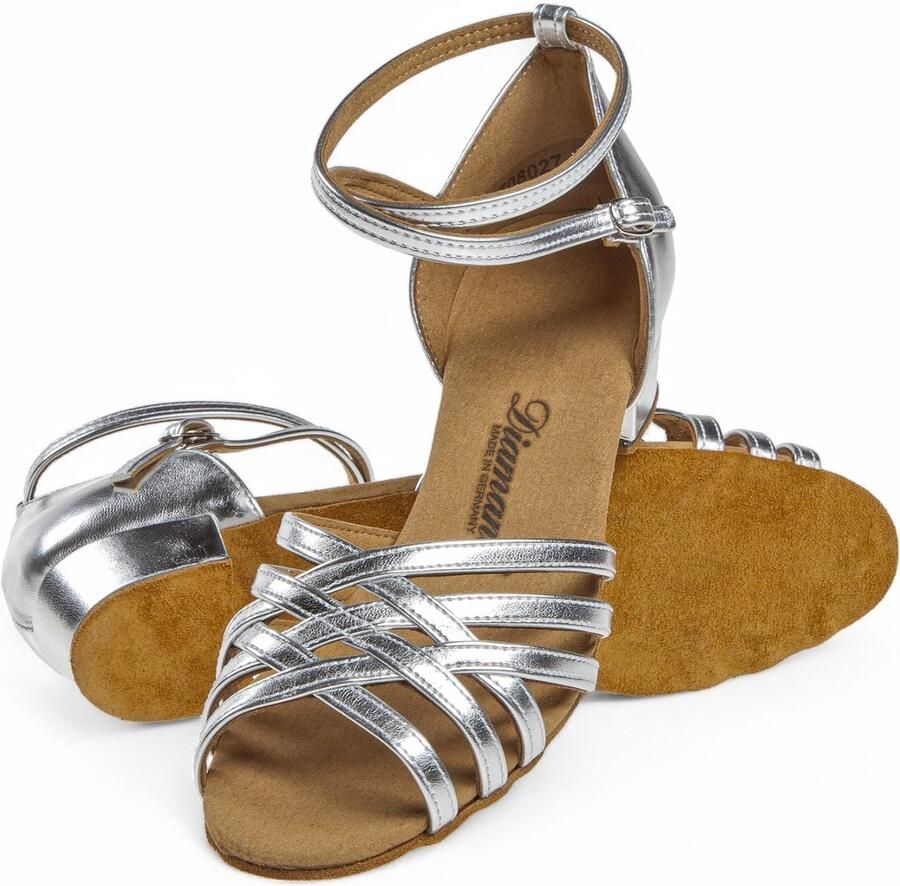 Diamant Lage Dames dansschoenen 008 035 013 Comfortabele Latin Dansschoen Lage stabile blokhak Suede zool Open teen model Drukknopsluiting Brede pasvorm Soepel leer Latin Salsa Bachata Zilver