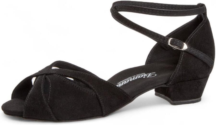 Diamant Latin dansschoenen voor brede voet 141 129 001 Comfortabele Dames Dansschoenen met Brede Pasvorm Zwart Suede Lage Hak Suede buitenzool Enkelband met druksluiting Latin Salsa Kizomba Bachata Zwart