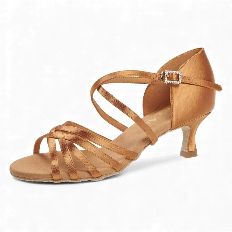 Diamant Latin Wedstrijd Dansschoenen Dames DanceArt Katja Dark Tan Satijn Suede zool Reguliere Breedte Flare Hak Ultieme stabiliteit Elegante look Pin gesp Latin Salsa Bachata Stijldansen Beige