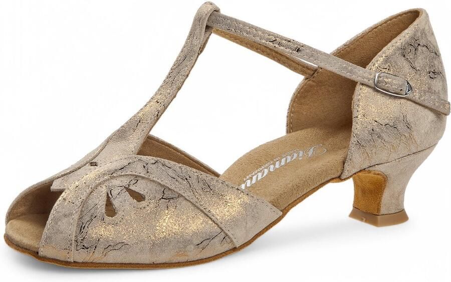 Diamant Open dames dansschoenen voor latin 019 011 311 Comfortabel Brons Leer met print lage hak Flexibele suede zool Druksluiting Latin Ballroom Tango Brons