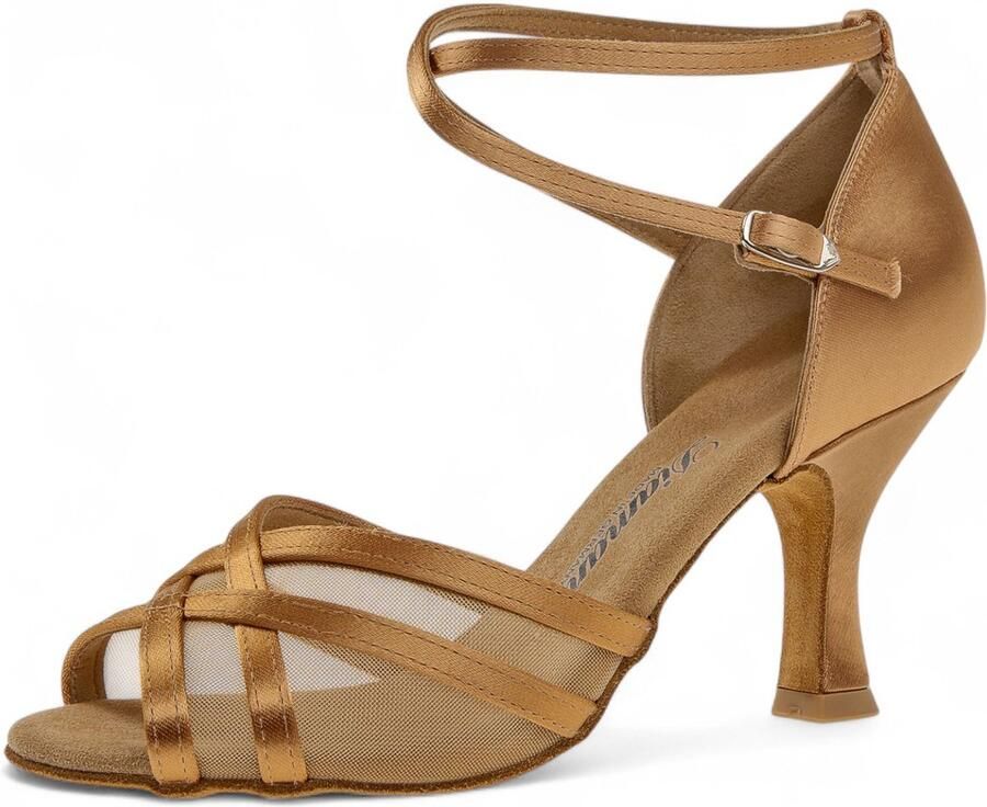 Diamant open Latin dansschoenen 035 108 087 Hoge hak Bronskleurig satijn met mesh Comfortabele pasvorm Zacht voetbed Suède zolen Enkelbandje met drukknoopjes Latin Salsa Kizomba Bachata Beige