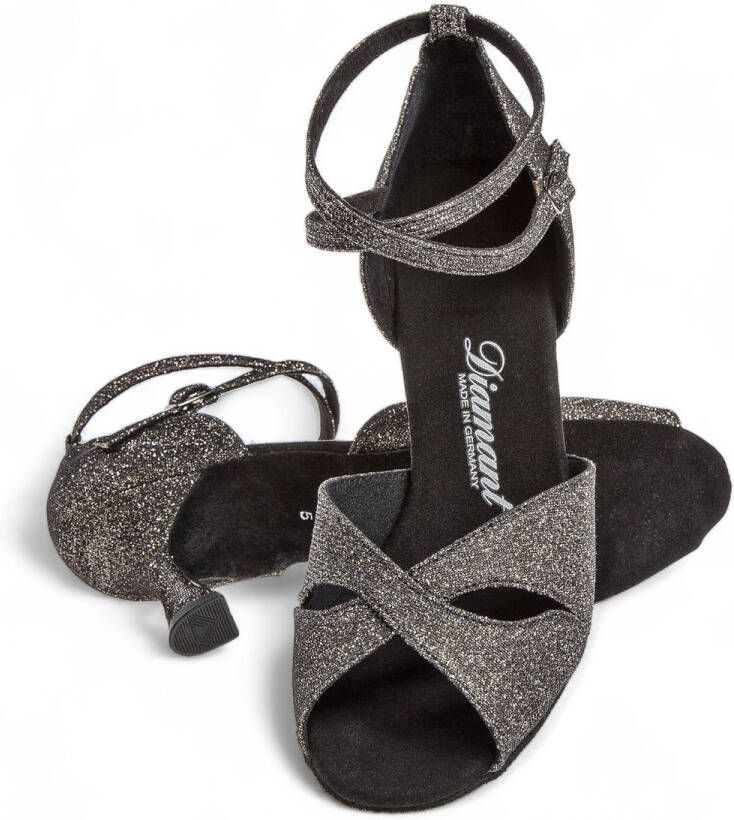 Diamant Latin dames dansschoenen 181 087 510 Open teen Flared hak Glinsterend bronskleurig brokaat Suede zool Verstelbare enkelband Drukknoopsluiting Zacht voetbed Latin Salsa Zwart Glitter