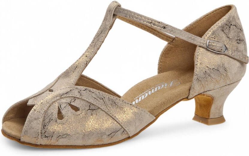 Diamant Open dames dansschoenen voor latin 019 011 311 Comfortabel Brons Leer met print lage hak Flexibele suede zool Druksluiting Latin Ballroom Tango Brons