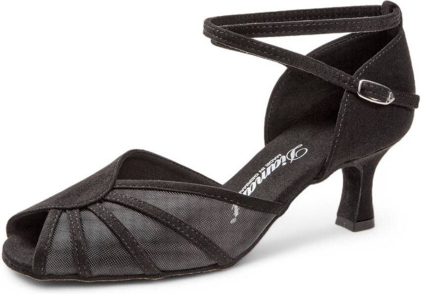 Diamant Zwarte Dansschoenen Dames 020 077 040 Gesloten neus Nubuck leer Bandjes rond de enkel Lage Flare Hak Suede zool Peeptoe Latin Salsa Ballroom Zwart