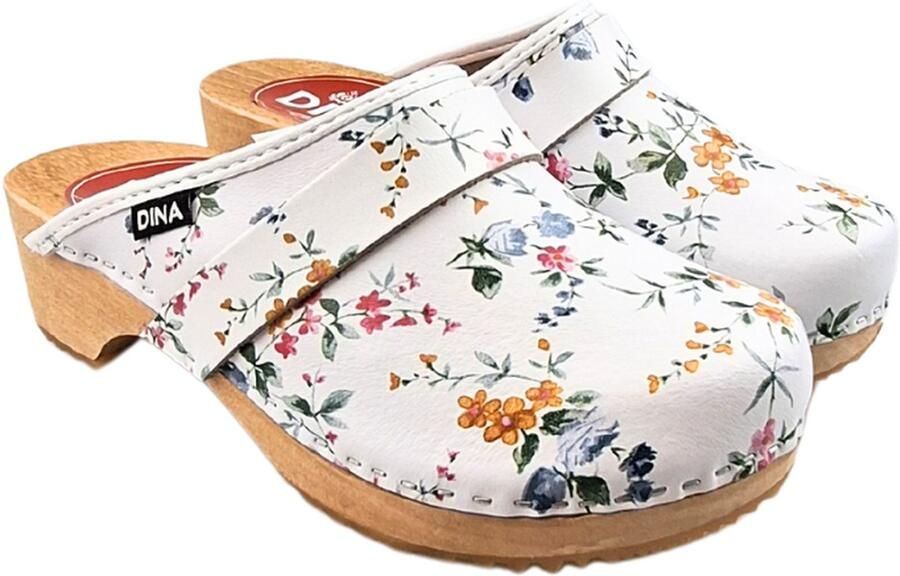 DINA dames klompen zweedse muilen wit met bloemetjesmotief - Foto 2