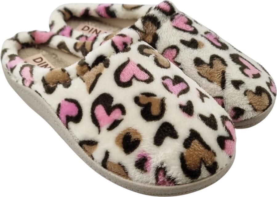 DINA Instap sloffen dames beige panter hearts heerlijk zacht met harde zool