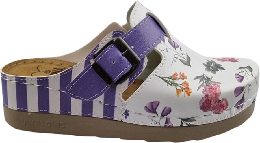 DINA Medische klompen met gesp Werkklompen Zorgklompen PU klompen Ziekenhuis klompen Dames klompen Purple stripes and flowers