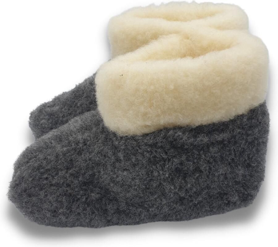 DINA wollen sloffen 100% wol pantoffels -zwart met witte kraag hoog model - Foto 3