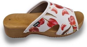 DINA Houten sandalen met upper van leer Rode tulpen print veel grip en comfortabele instap