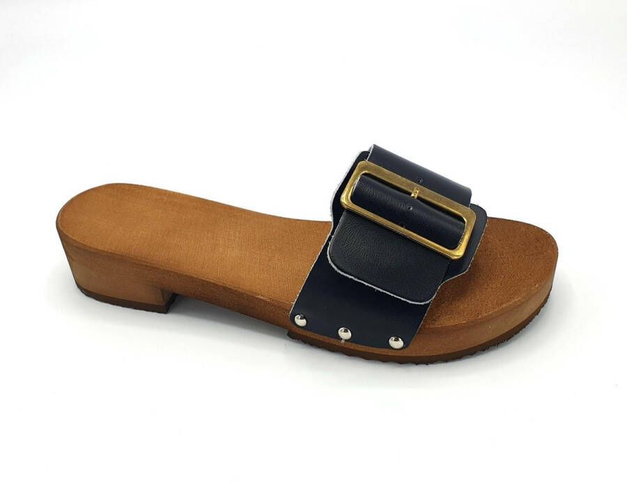 DINA Houten sandalen zwart met gesp