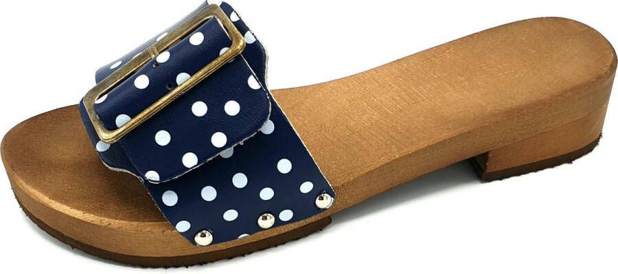 DINA houten slipper met brede gesp dames blauw met stip