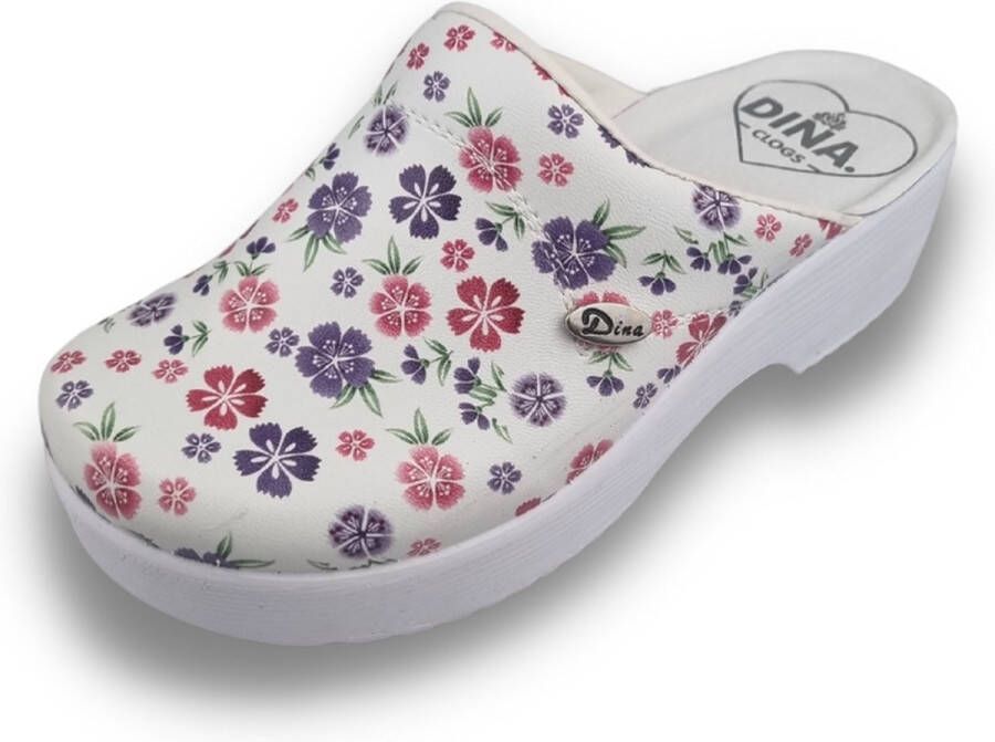 DINA Medische dames klompen PU zool PU klompen met kunststof zool ziekenhuis klompen zorgklompen CLOGS purple flowers