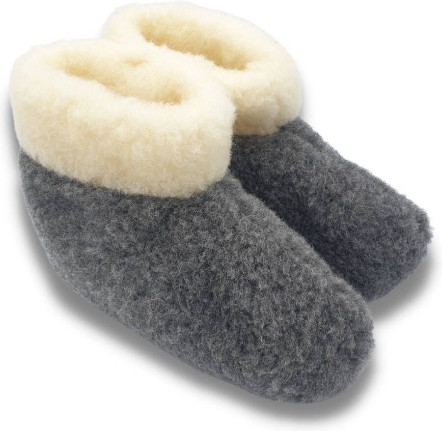 DINA wollen sloffen 100% wol pantoffels -zwart met witte kraag hoog model - Foto 2